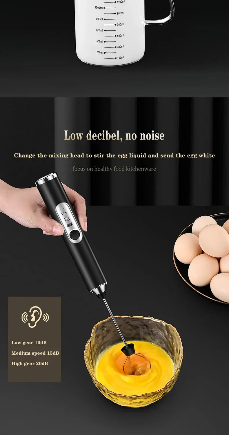 Electric Milk Frother – Stainless Steel, USB Rechargeable, 3 Speeds | Espumador de leche eléctrico de acero inoxidable – Recargable por USB, 3 velocidades.