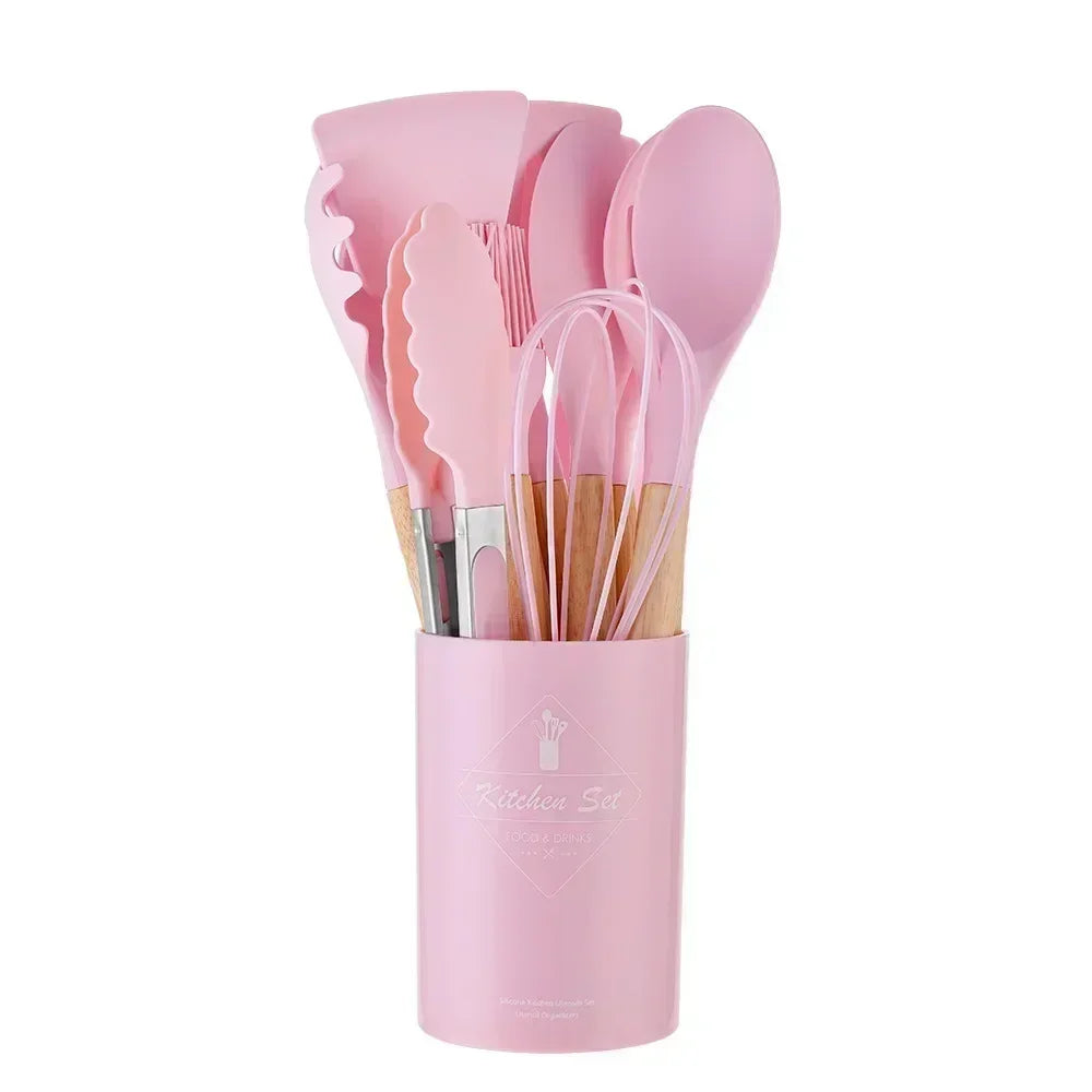 12-Piece Silicone & Wood Cooking Utensils Set | Juego de 12 Utensilios de Cocina de Silicona y Madera