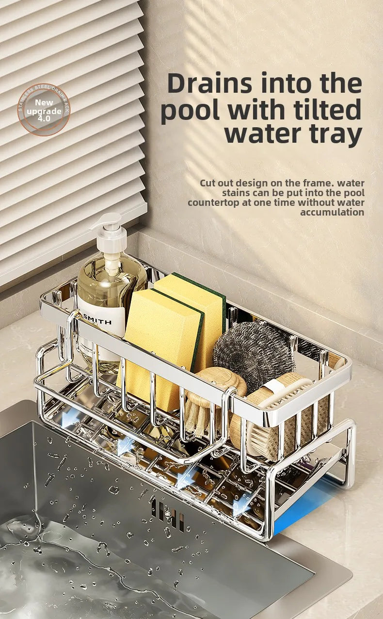 Stainless Steel Sink Organizer with Drain Tray & Towel Bar | Organizador de Fregadero de Acero Inoxidable con Bandeja de Drenaje y Toallero