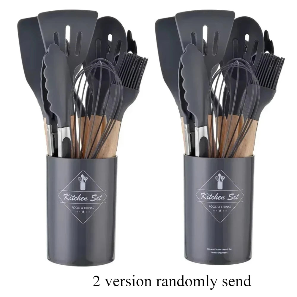 12-Piece Silicone & Wood Cooking Utensils Set | Juego de 12 Utensilios de Cocina de Silicona y Madera