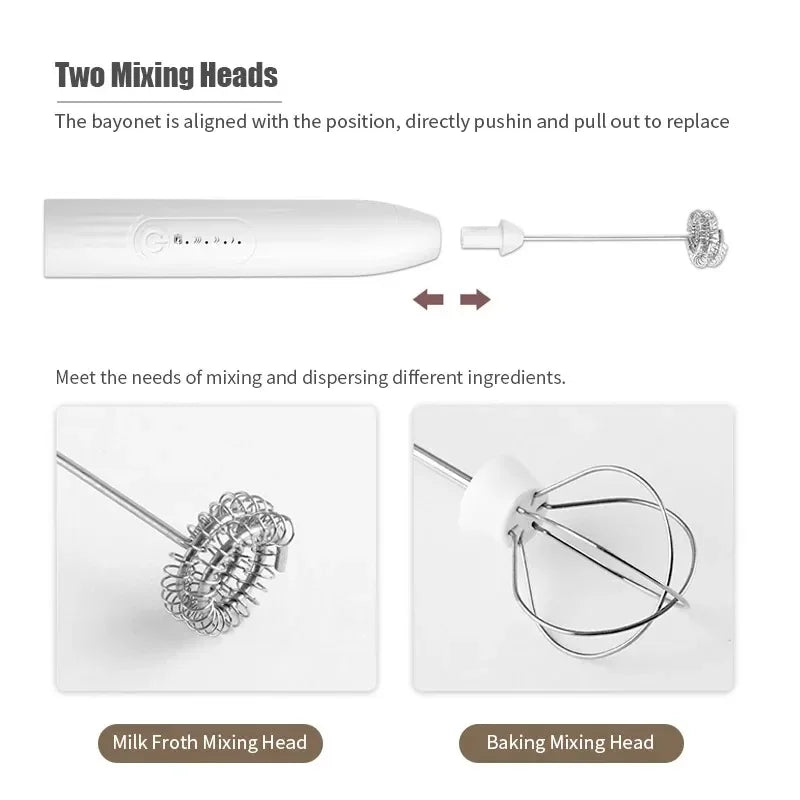 Electric Milk Frother – Stainless Steel, USB Rechargeable, 3 Speeds | Espumador de leche eléctrico de acero inoxidable – Recargable por USB, 3 velocidades.