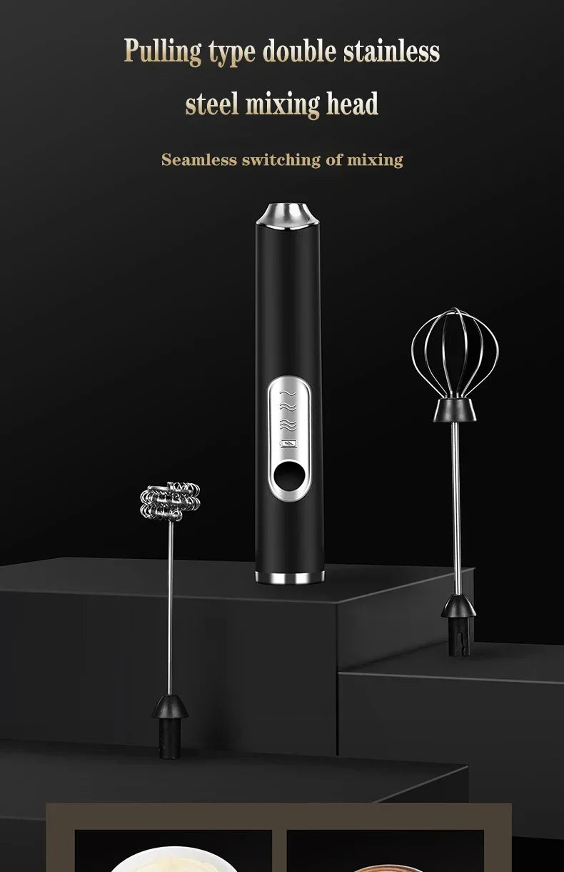 Electric Milk Frother – Stainless Steel, USB Rechargeable, 3 Speeds | Espumador de leche eléctrico de acero inoxidable – Recargable por USB, 3 velocidades.