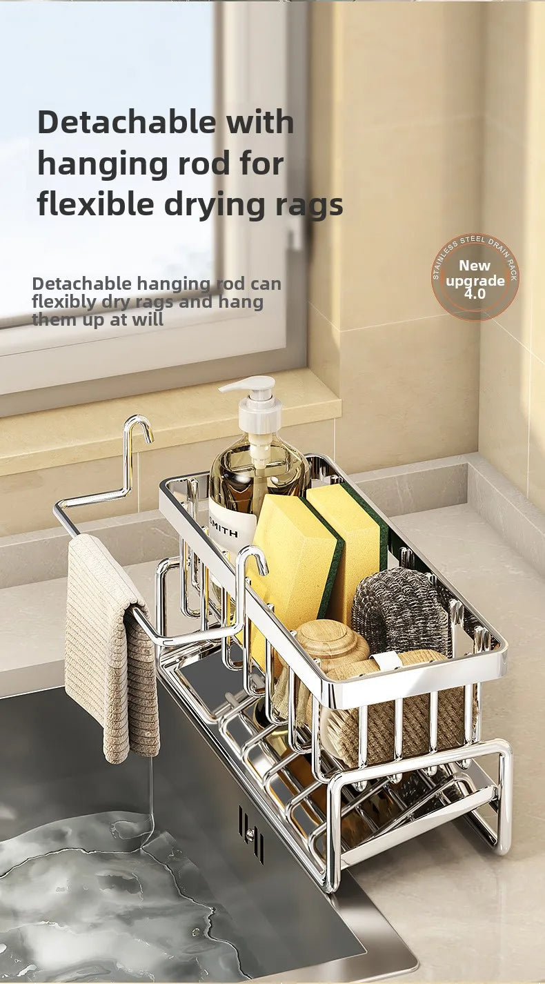 Stainless Steel Sink Organizer with Drain Tray & Towel Bar | Organizador de Fregadero de Acero Inoxidable con Bandeja de Drenaje y Toallero