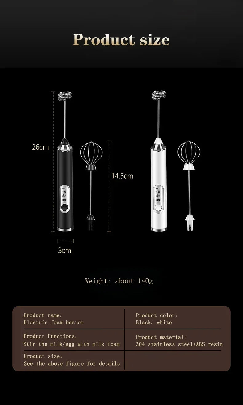 Electric Milk Frother – Stainless Steel, USB Rechargeable, 3 Speeds | Espumador de leche eléctrico de acero inoxidable – Recargable por USB, 3 velocidades.