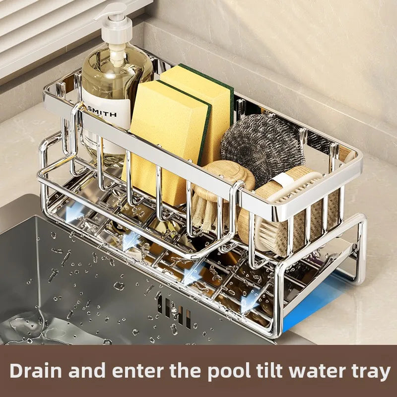 Stainless Steel Sink Organizer with Drain Tray & Towel Bar | Organizador de Fregadero de Acero Inoxidable con Bandeja de Drenaje y Toallero