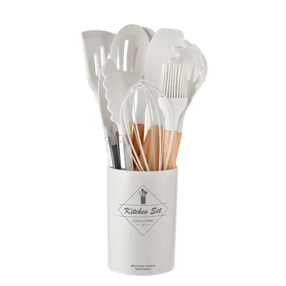 12-Piece Silicone & Wood Cooking Utensils Set | Juego de 12 Utensilios de Cocina de Silicona y Madera