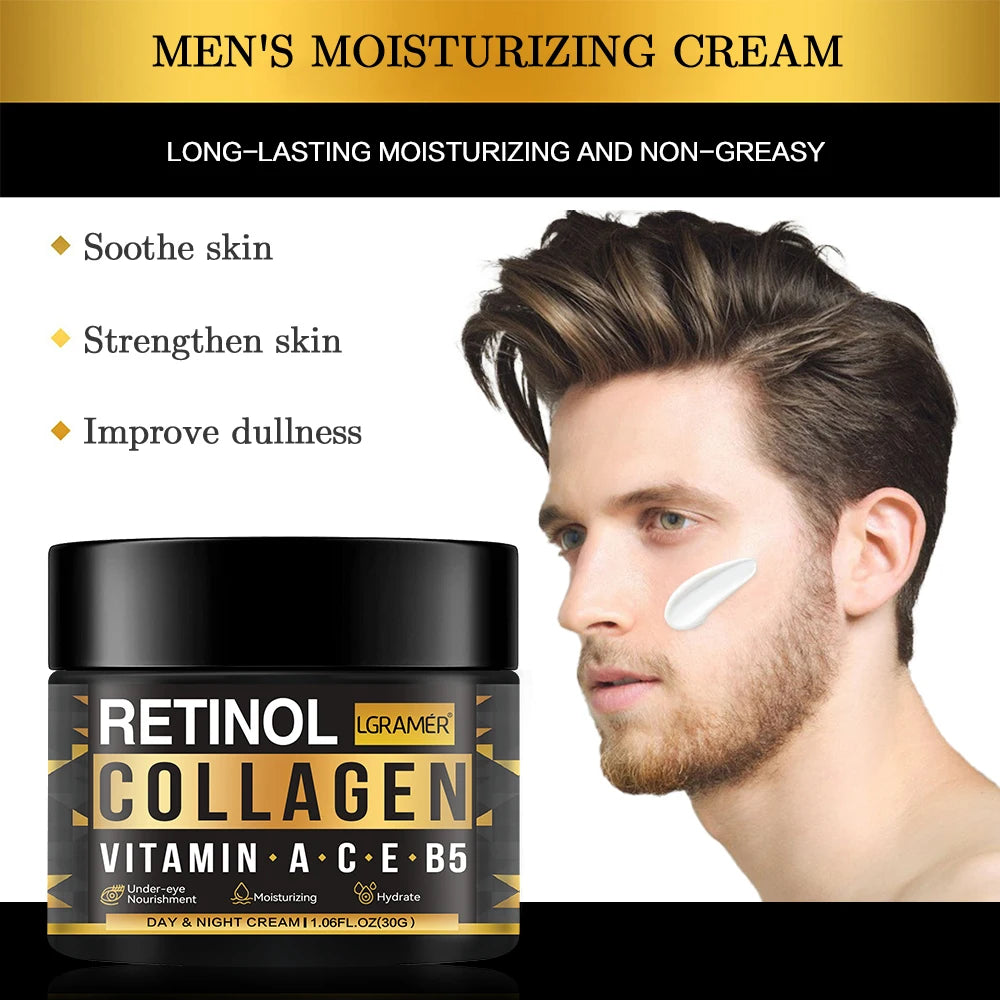 Men’s Retinol & Collagen Face Cream – Anti-Wrinkle, Brightening, Hydrating (30g/60g)
Crema Facial Masculina con Retinol y Colágeno – Antiedad, Iluminadora e Hidratante (30g/60g)