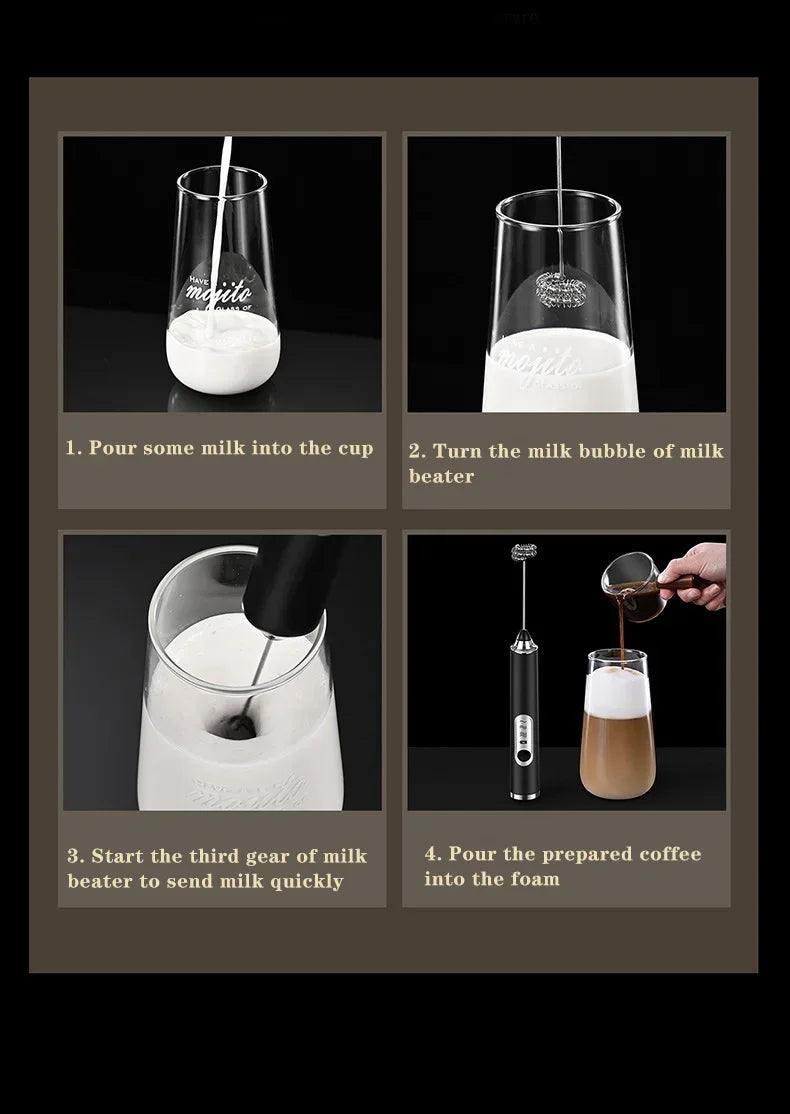 Electric Milk Frother – Stainless Steel, USB Rechargeable, 3 Speeds | Espumador de leche eléctrico de acero inoxidable – Recargable por USB, 3 velocidades.