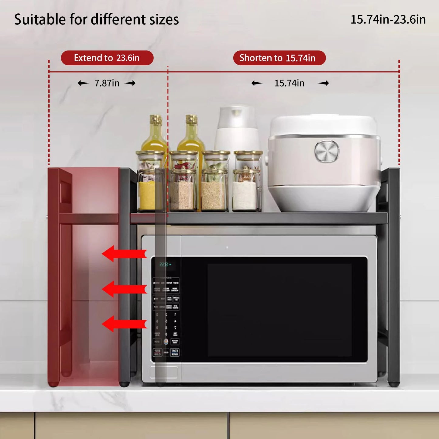 Expandable Microwave Shelf Organizer (16.5–25.2 in), Black or White – Estante Organizador Ajustable para Microondas (42–64 cm), Negro o Blanco