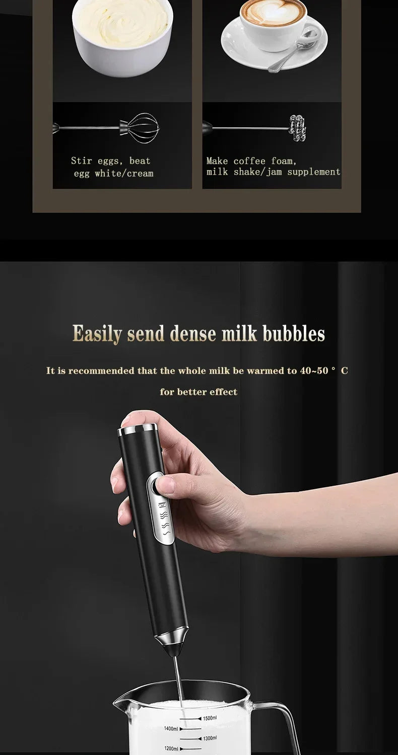Electric Milk Frother – Stainless Steel, USB Rechargeable, 3 Speeds | Espumador de leche eléctrico de acero inoxidable – Recargable por USB, 3 velocidades.