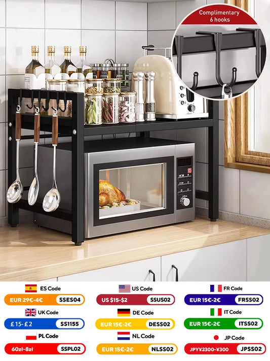 Expandable Microwave Shelf Organizer (16.5–25.2 in), Black or White – Estante Organizador Ajustable para Microondas (42–64 cm), Negro o Blanco