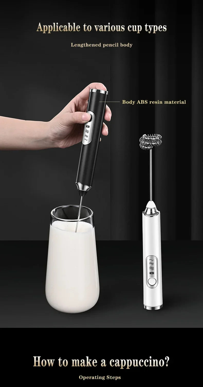 Electric Milk Frother – Stainless Steel, USB Rechargeable, 3 Speeds | Espumador de leche eléctrico de acero inoxidable – Recargable por USB, 3 velocidades.
