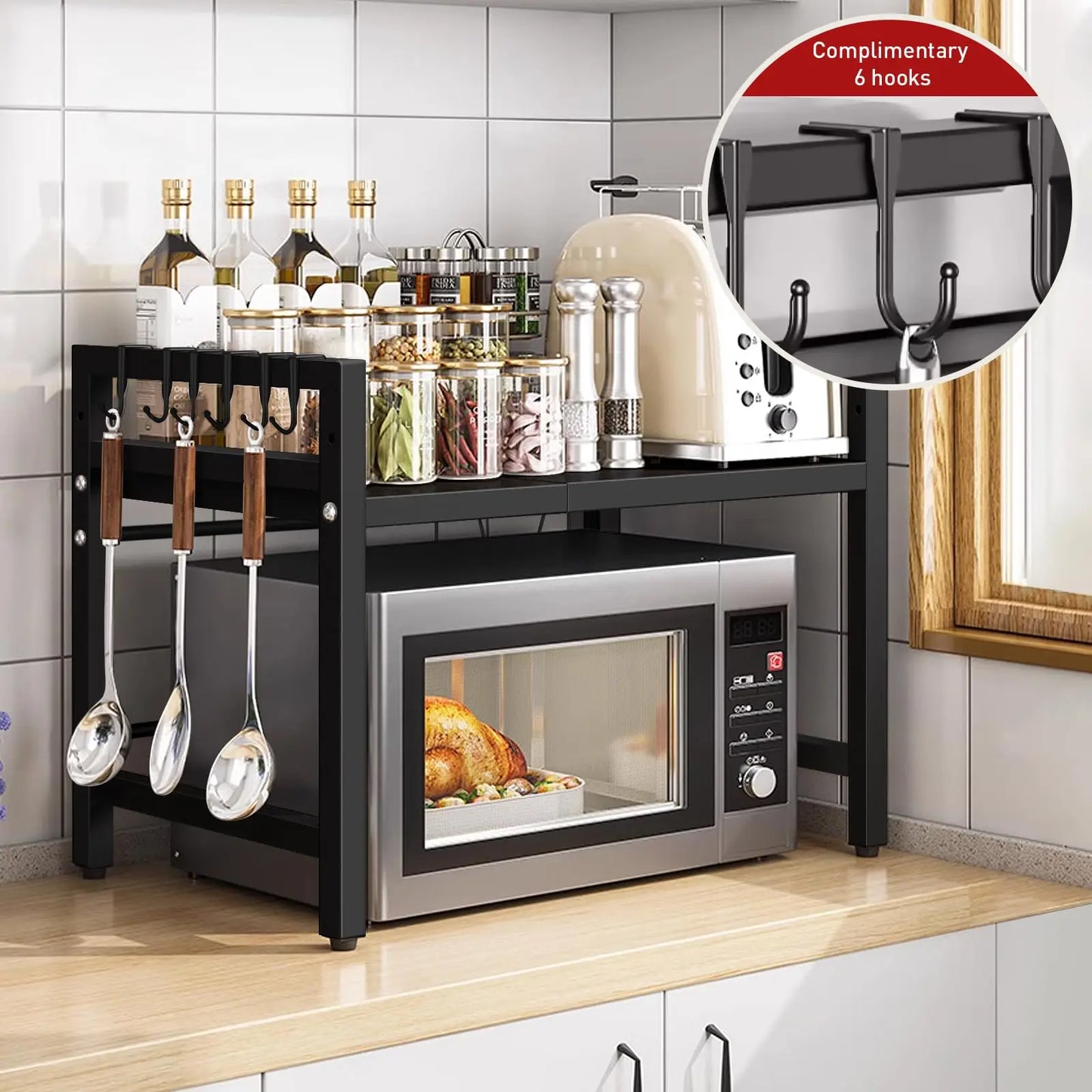 Expandable Microwave Shelf Organizer (16.5–25.2 in), Black or White – Estante Organizador Ajustable para Microondas (42–64 cm), Negro o Blanco