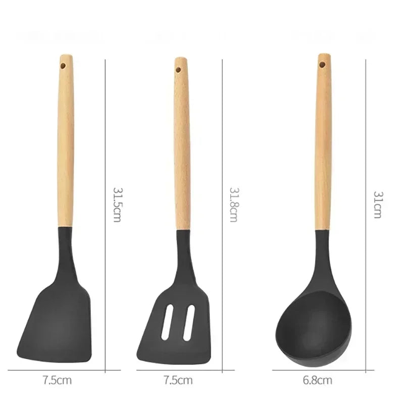 12-Piece Silicone & Wood Cooking Utensils Set | Juego de 12 Utensilios de Cocina de Silicona y Madera