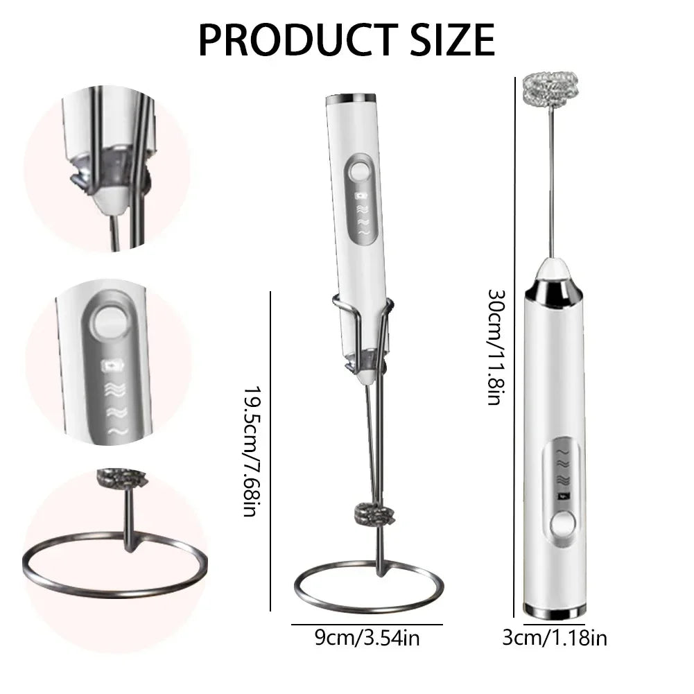 Electric Milk Frother – Stainless Steel, USB Rechargeable, 3 Speeds | Espumador de leche eléctrico de acero inoxidable – Recargable por USB, 3 velocidades.