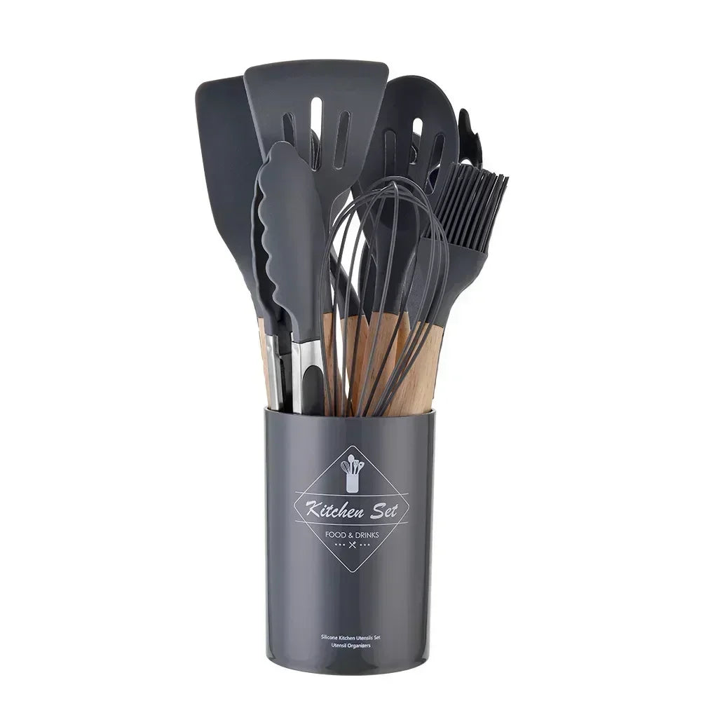 12-Piece Silicone & Wood Cooking Utensils Set | Juego de 12 Utensilios de Cocina de Silicona y Madera