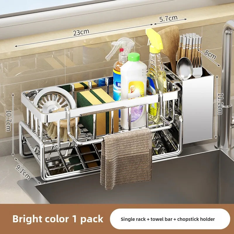 Stainless Steel Sink Organizer with Drain Tray & Towel Bar | Organizador de Fregadero de Acero Inoxidable con Bandeja de Drenaje y Toallero