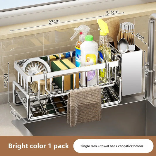 Stainless Steel Sink Organizer with Drain Tray & Towel Bar | Organizador de Fregadero de Acero Inoxidable con Bandeja de Drenaje y Toallero