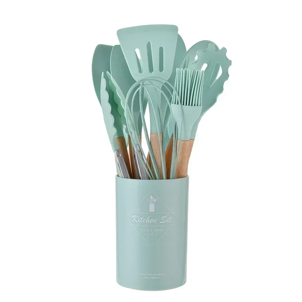 12-Piece Silicone & Wood Cooking Utensils Set | Juego de 12 Utensilios de Cocina de Silicona y Madera