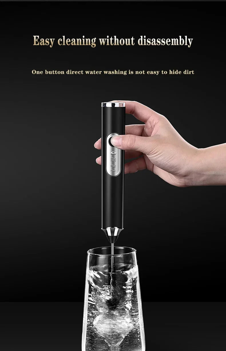 Electric Milk Frother – Stainless Steel, USB Rechargeable, 3 Speeds | Espumador de leche eléctrico de acero inoxidable – Recargable por USB, 3 velocidades.