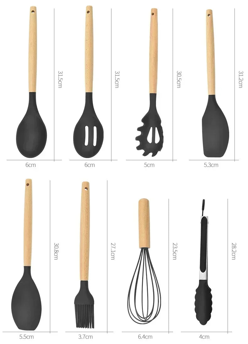 12-Piece Silicone & Wood Cooking Utensils Set | Juego de 12 Utensilios de Cocina de Silicona y Madera