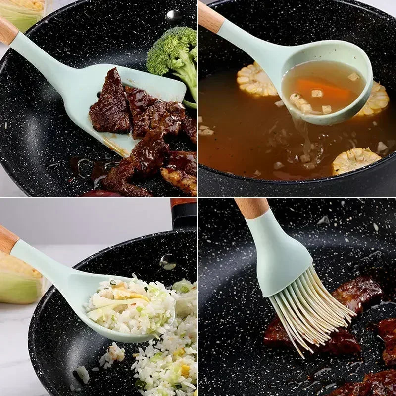 12-Piece Silicone & Wood Cooking Utensils Set | Juego de 12 Utensilios de Cocina de Silicona y Madera